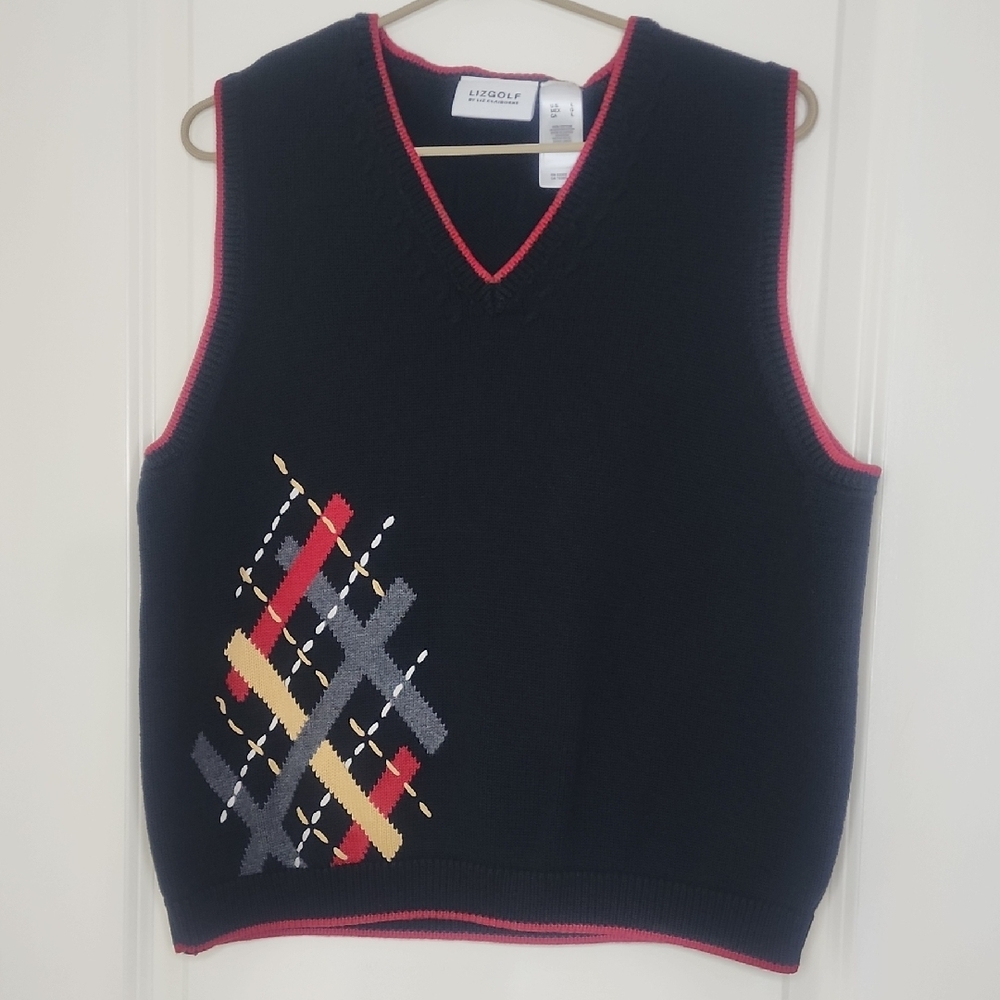 Vintage Liz Golf Sweater Vest Womans L Knit Argyle Black Red